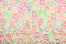 Load image into Gallery viewer, This fabric features a large tropical floral design in pink, orange, green and blue on a yellow background.  It has a nice soft hand and would be great for quilting, crafting and home decor.  
