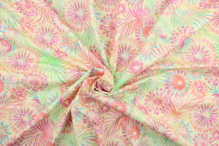 This fabric features a large tropical floral design in pink, orange, green and blue on a yellow background.  It has a nice soft hand and would be great for quilting, crafting and home decor.  