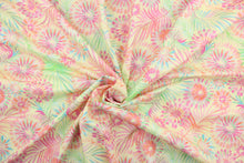 Load image into Gallery viewer, This fabric features a large tropical floral design in pink, orange, green and blue on a yellow background.  It has a nice soft hand and would be great for quilting, crafting and home decor.  
