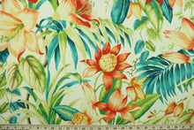 Load image into Gallery viewer,  This outdoor fabric features a tropical floral design in orange, golden yellow, green, brown, turquoise, teal and peach set against a dull white. 
