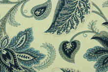 Load image into Gallery viewer, This fabric features a floral design in dark blue. beige, and natural.
