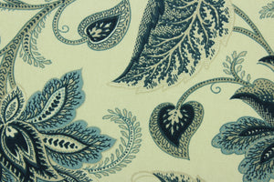 This fabric features a floral design in dark blue. beige, and natural.