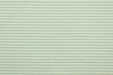 Load image into Gallery viewer, This fabric features a ticking stripe design in light beige and white. 
