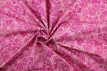 Load image into Gallery viewer, This fabric features butterflies in beige on a dark pink background.  It has a nice soft hand and would be great for quilting, crafting and home decor.  
