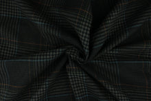 Load image into Gallery viewer, This multi use wool features a plaid design in ebony black, gray, blue and orange and is great for cooler weather.  It has a great hand and is hard-wearing.  The durability and wrinkle resistance makes it perfect for suits, jackets, overcoats, dresses, drapery and upholstery projects.
