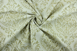 Cynthia features a distressed damask pattern in gold and cream.  It is durable and hard wearing and would be great for multi-purpose upholstery, bedding, accent pillows and drapery.  We offer this pattern in one other color.