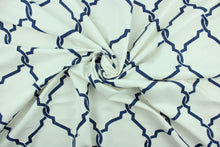 Load image into Gallery viewer, Lariat is an embroidered fabric that features an embossed trellis design in in navy blue and white.  Uses include light upholstery, pillows, bedding and window treatments.  
