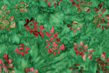 Load image into Gallery viewer, This fabric features small flowers in red, light pink, dark green, brown and light purple on a green background.  It has a nice soft hand and would be great for quilting, crafting and home decor.  
