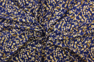 This fabric features a leaf and stem design in light pink and brown on a dark blue background.  It has a nice soft hand and would be great for quilting, crafting and home decor.  We offer this fabric in several other colors.