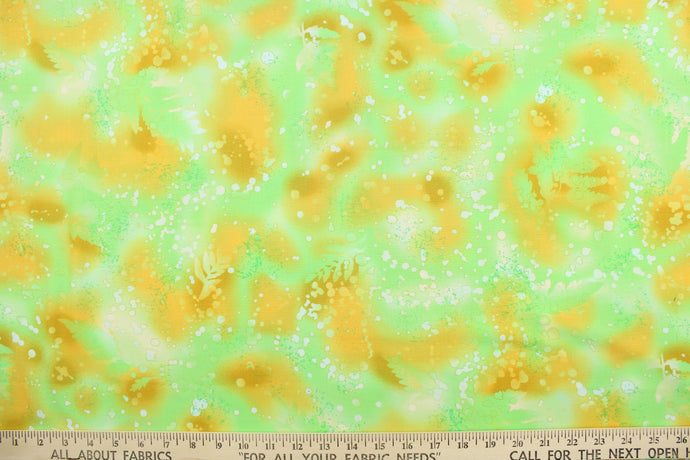  This fabric features ferns with a distressed look that enhances the design.  Colors included are various shades of lime green and golden yellow with hints of white.  It has a nice soft hand and would be great for quilting, crafting and home decor.  We offer this fabric in several different colors.