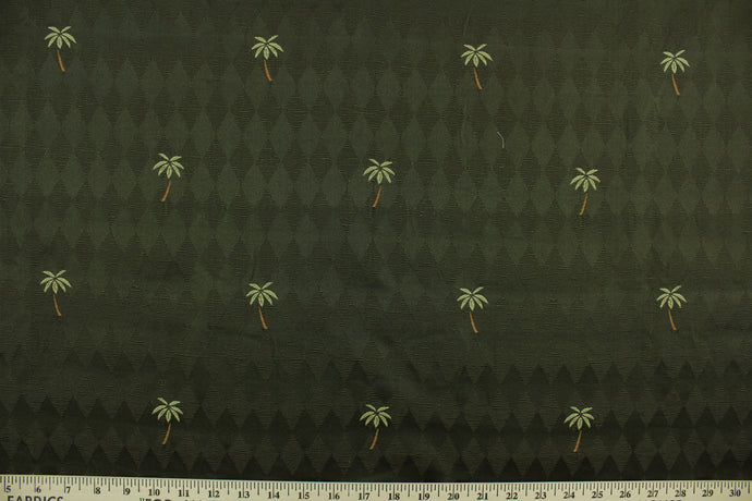 Beachy is a multi use jacquard featuring palm trees on a dark olive green background with diamonds.   It is great for home décor such as upholstery, window treatments, pillows, duvet covers, tote bags and more.  It has a soft workable feel yet is stable and durable.  