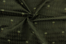 Load image into Gallery viewer, Beachy is a multi use jacquard featuring palm trees on a dark olive green background with diamonds.   It is great for home décor such as upholstery, window treatments, pillows, duvet covers, tote bags and more.  It has a soft workable feel yet is stable and durable.  
