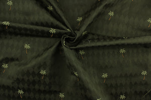 Beachy is a multi use jacquard featuring palm trees on a dark olive green background with diamonds.   It is great for home décor such as upholstery, window treatments, pillows, duvet covers, tote bags and more.  It has a soft workable feel yet is stable and durable.  