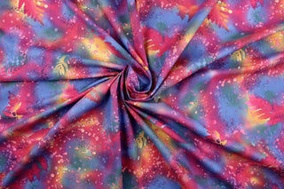 This fabric features ferns with a distressed look that enhances the design.  Colors included are blue, purple, red, yellow and green with hints of pink.  It has a nice soft hand and would be great for quilting, crafting and home decor.  We offer this fabric in several different colors.