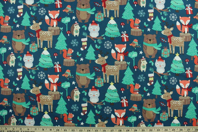 This fun Christmas print features forest animals with trees, presents, stockings and snowflakes.  Colors included are red, white, green, grey, beige, brown, orange and yellow.  It has a nice soft hand and would be great for quilting, crafting and home décor.  