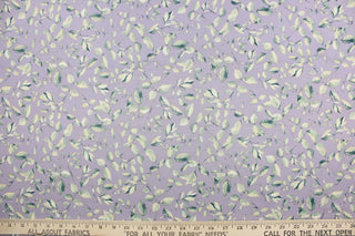 This fabric features a leaf and stem design in dark green and cream on a light purple background.  It has a nice soft hand and would be great for quilting, crafting and home decor.  We offer this fabric in several other colors.