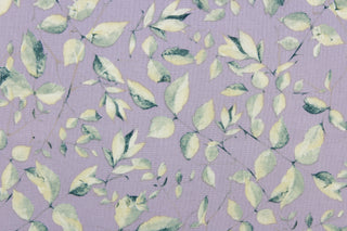 This fabric features a leaf and stem design in dark green and cream on a light purple background.  It has a nice soft hand and would be great for quilting, crafting and home decor.  We offer this fabric in several other colors.