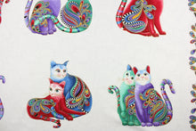Load image into Gallery viewer,  This fabric features multi colored playful cats and a paisley design with gold metallic accents on a white background with light gray swirls. It has a nice soft hand and would be great for quilting, crafting and home decor.  Colors included are purple, red, green, black, pink, blue and mustard yellow.
