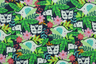 This cotton print fabric features cute baby elephants, tigers, and giraffe's with flowers and lush foliage,  Colors included are pink, green, white, black and orange.  It has a nice soft hand and would be great for quilting, crafting and home décor.  