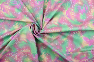 This fabric features ferns with a distressed look that enhances the design.  Colors included are lime green, pink, purple with hints of blue.  It has a nice soft hand and would be great for quilting, crafting and home decor.  We offer this fabric in several different colors.