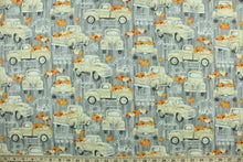 Load image into Gallery viewer, Welcome the Fall with this  harvest print featuring an old pickup truck loaded with pumpkins.  Colors included are orange, gray, white and beige.  It has a nice soft hand and would be great for quilting, crafting and home decor.  
