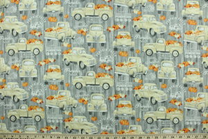 Welcome the Fall with this  harvest print featuring an old pickup truck loaded with pumpkins.  Colors included are orange, gray, white and beige.  It has a nice soft hand and would be great for quilting, crafting and home decor.  