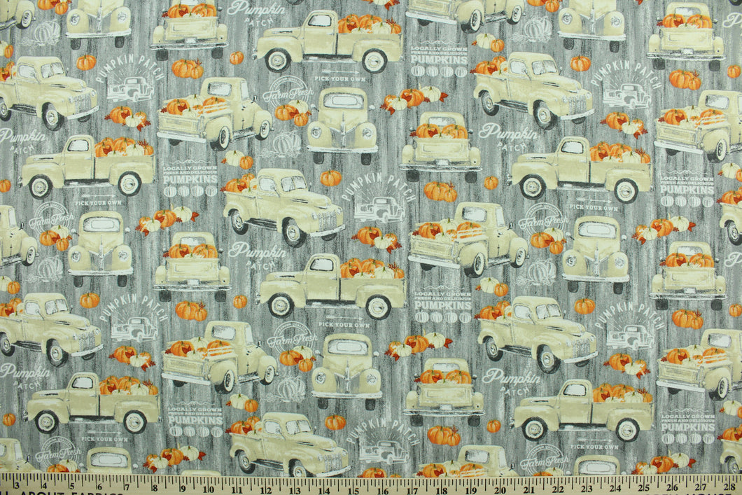 Welcome the Fall with this  harvest print featuring an old pickup truck loaded with pumpkins.  Colors included are orange, gray, white and beige.  It has a nice soft hand and would be great for quilting, crafting and home decor.  