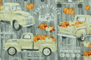 Welcome the Fall with this harvest print featuring an old pickup truck loaded with pumpkins.  Colors included are orange, gray, white and beige.  It has a nice soft hand and would be great for quilting, crafting and home decor.  