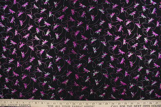  This cute whimsical lycra blend fabric features dancing drangonflies in hot pink and silver, is durable and breathable and will allow movements of the body. Uses include dance and sports wear, leotards and dresses.  We offer several different lycra fabrics.   