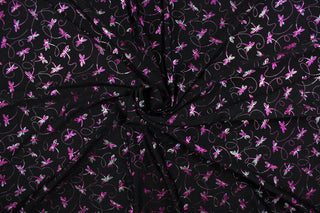  This cute whimsical lycra blend fabric features dancing drangonflies in hot pink and silver, is durable and breathable and will allow movements of the body. Uses include dance and sports wear, leotards and dresses.  We offer several different lycra fabrics.   
