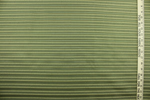  This rich woven yarn dyed fabric features a striped design in shades of green.  Enhancing the color and texture of the stripes is a slight sheen.  Heavy weight and woven stripes make the 100% polyester fabric durable, strong and fade resistant.  This fabric would enrich any room whether you use it for light upholstery, throw pillows, drapery and home décor.