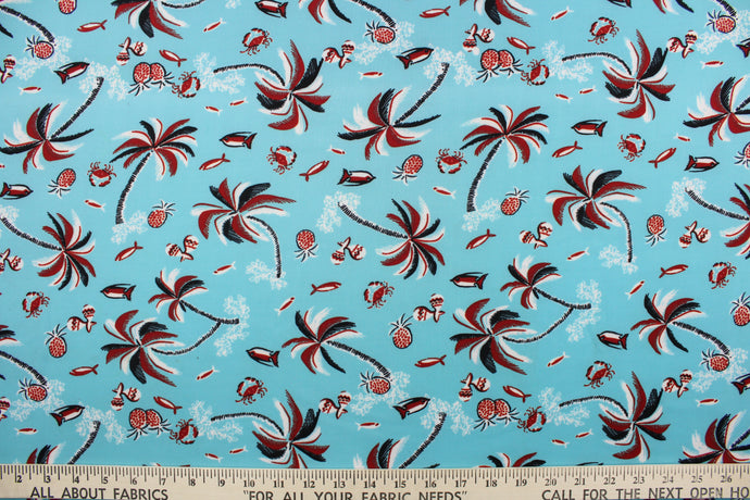  This fabric has a tropical theme featuring palm trees, fish and fruit in red, black and white against a light blue background.  It is durable and breathable and will allow movements of the body.  Uses include dance and sports wear, leotards and dresses.  We offer several different lycra fabrics.   