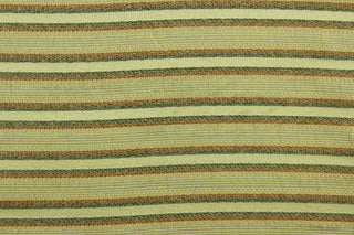 This rich woven yarn dyed fabric features a striped design in green, russet and golden beige.  Enhancing the color and texture of the stripes is a slight sheen.  Heavy weight and woven stripes make the 100% polyester fabric durable, strong and fade resistant.  This fabric would enrich any room whether you use it for light upholstery, throw pillows, drapery and home décor.