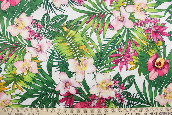 This lycra blend fabric features a large tropical flower and leaf design in shades of pink, green and yellow on a white background.  It is durable and breathable and will allow movements of the body.  Uses include dance and sports wear, leotards and dresses.  We offer several different lycra fabrics.   