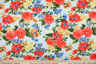 This fabric features a floral design in red, blue and yellow on a light blue background.  It is durable and breathable and will allow movements of the body.  Uses include dance and sports wear, leotards and dresses.  We offer several different lycra fabrics.   