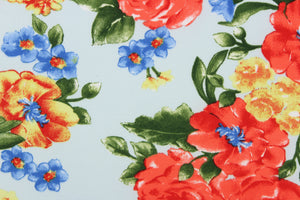 This fabric features a floral design in red, blue and yellow on a light blue background.  It is durable and breathable and will allow movements of the body.  Uses include dance and sports wear, leotards and dresses.  We offer several different lycra fabrics.   