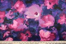 Load image into Gallery viewer, This 8 way stretch lycra features a watercolor design of floral petals in hues of pink, purple, blue and black.  It is durable and breathable and will allow movements of the body.  Uses include dance and sports wear, leotards and dresses.  We offer several different lycra fabrics.   
