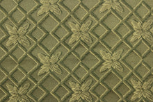 Load image into Gallery viewer,   Linear is a textured fabric featuring diamonds and flowers in latte brown, beige and dark green and it has a slight sheen that enhances the design.  It is durable and hard wearing and would be great for light upholstery, bedding, accent pillows and drapery.  
