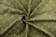 Load image into Gallery viewer,  Linear is a textured fabric featuring diamonds and flowers in latte brown, beige and dark green and it has a slight sheen that enhances the design.  It is durable and hard wearing and would be great for light upholstery, bedding, accent pillows and drapery.  

