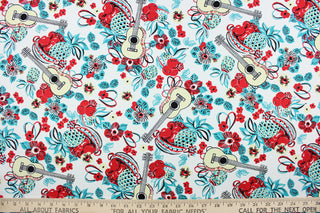 This cute fabric has a musical and floral design in red, turquoise, pale yellow and black on a white background.  It has a nice soft hand and would be great for quilting, crafting, apparel and home decor.  The possibilities are endless.
