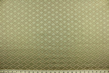 Load image into Gallery viewer, This fabric features a diamond design in toffee, olive green and peach and has a slight sheen that enhances the design.  It is durable and hard wearing and would be great for multi-purpose upholstery, bedding, accent pillows and drapery. 
