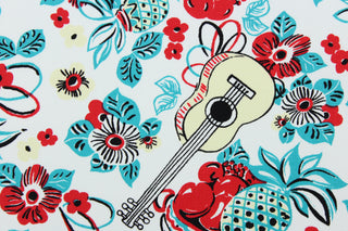 This cute fabric has a musical and floral design in red, turquoise, pale yellow and black on a white background.  It has a nice soft hand and would be great for quilting, crafting, apparel and home decor.  The possibilities are endless.