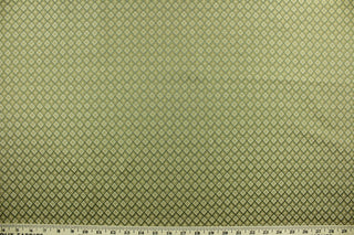  Coordinated is a multi use fabric featuring a diamond pattern in beige and green.  It is durable and hard wearing and would be great for multi-purpose upholstery, bedding, accent pillows and drapery.  