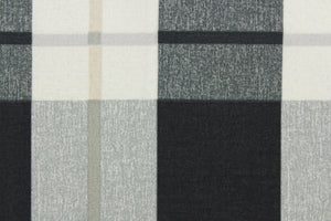 This fabric features a large plaid design in gray, black, khaki and off white.  It is perfect for outdoor settings or indoors in a sunny room.  It can withstand up to 500 hours of sunlight and is water and stain resistant and durable with 10,000 double rubs.  Perfect for porches, patios and pool side.  Uses include toss pillows, cushions, upholstery, tote bags and more.  