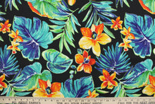 Load image into Gallery viewer, This fabric features large tropical flowers in red, orange, yellow green and teal on a solid black background.  It is perfect for outdoor settings or indoors in a sunny room.  It can withstand up to 500 hours of sunlight and is water and stain resistant. Perfect for porches, patios and pool side.  Uses include toss pillows, cushions, upholstery, tote bags and more.  
