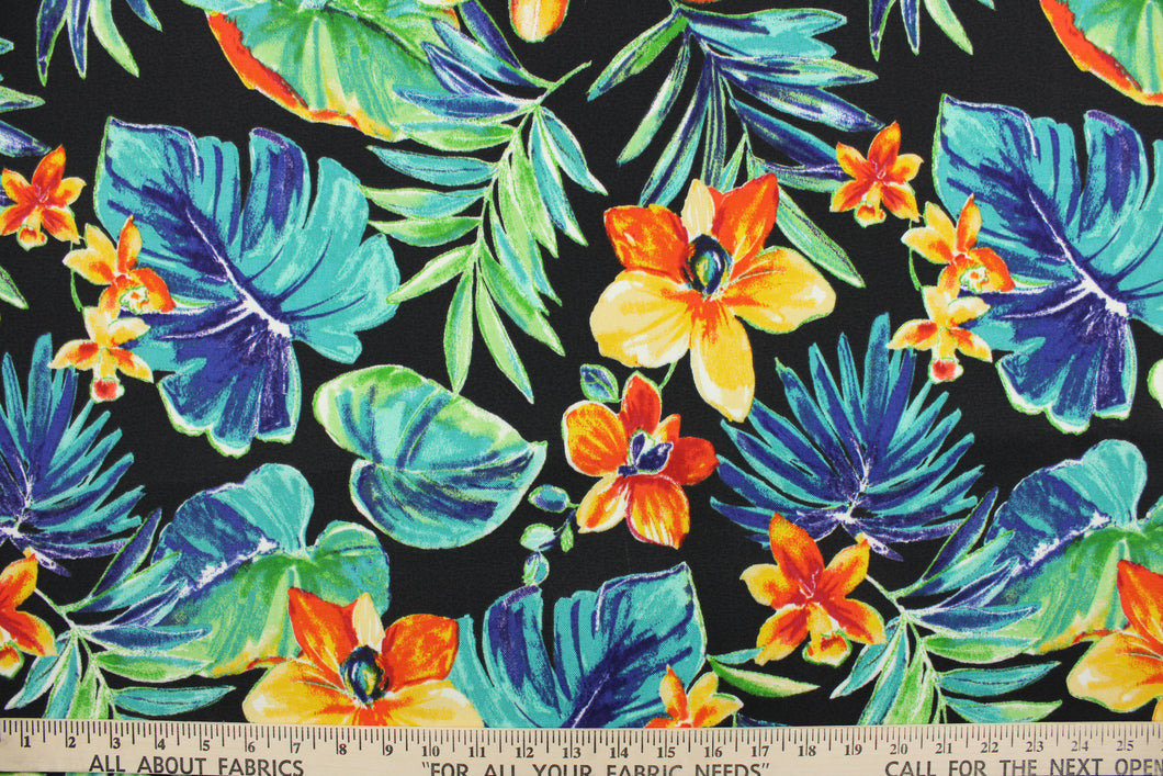 This fabric features large tropical flowers in red, orange, yellow green and teal on a solid black background.  It is perfect for outdoor settings or indoors in a sunny room.  It can withstand up to 500 hours of sunlight and is water and stain resistant. Perfect for porches, patios and pool side.  Uses include toss pillows, cushions, upholstery, tote bags and more.  
