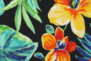 This fabric features large tropical flowers in red, orange, yellow green and teal on a solid black background.  It is perfect for outdoor settings or indoors in a sunny room.  It can withstand up to 500 hours of sunlight and is water and stain resistant. Perfect for porches, patios and pool side.  Uses include toss pillows, cushions, upholstery, tote bags and more.  