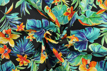 Load image into Gallery viewer, This fabric features large tropical flowers in red, orange, yellow green and teal on a solid black background.  It is perfect for outdoor settings or indoors in a sunny room.  It can withstand up to 500 hours of sunlight and is water and stain resistant. Perfect for porches, patios and pool side.  Uses include toss pillows, cushions, upholstery, tote bags and more.  
