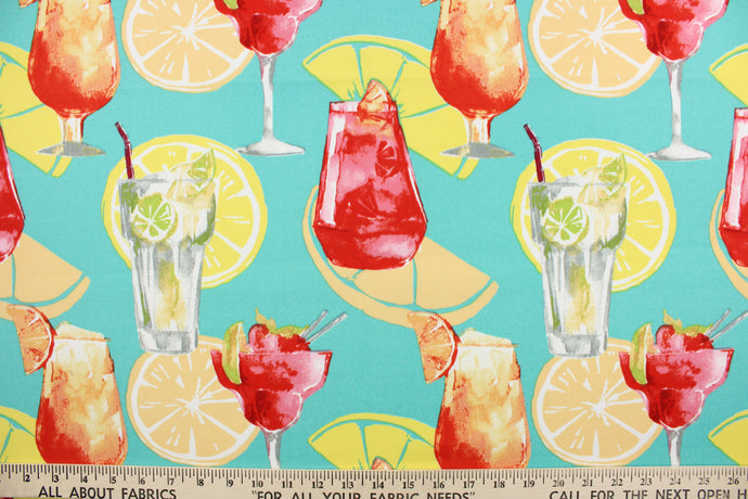 This screen printed fabric features large tropical drinks with fruit as the background and is perfect for outdoor settings and indoors in a sunny room.  It can withstand up to 500 hours of sunlight and is water and stain resistant. Perfect for porches, patios and pool side.  Uses include toss pillows, cushions, upholstery, tote bags and more.  Colors included are red, pink, orange, yellow, green, white, gray and aqua.