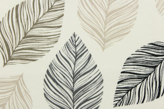 This fabric features ornamental leaves in black and brown on a off white background.  It is perfect for outdoor settings or indoors in a sunny room.  It can withstand up to 500 hours of sunlight and is water and stain resistant.  Perfect for porches, patios and pool side.  Uses include toss pillows, cushions, upholstery, tote bags and more. 